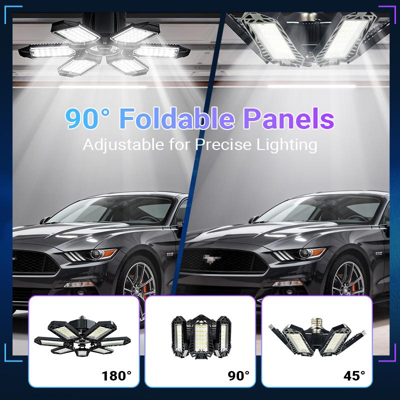 2pcs FOLDABLE GARAGE LIGHT 600W Deformable Bright Shop Ceiling Bulb Lamps E26/E27 6500k Barn Warehouse Garage Foldable 7+1 Panel Work Light Super Bright Illumination Easy Installation