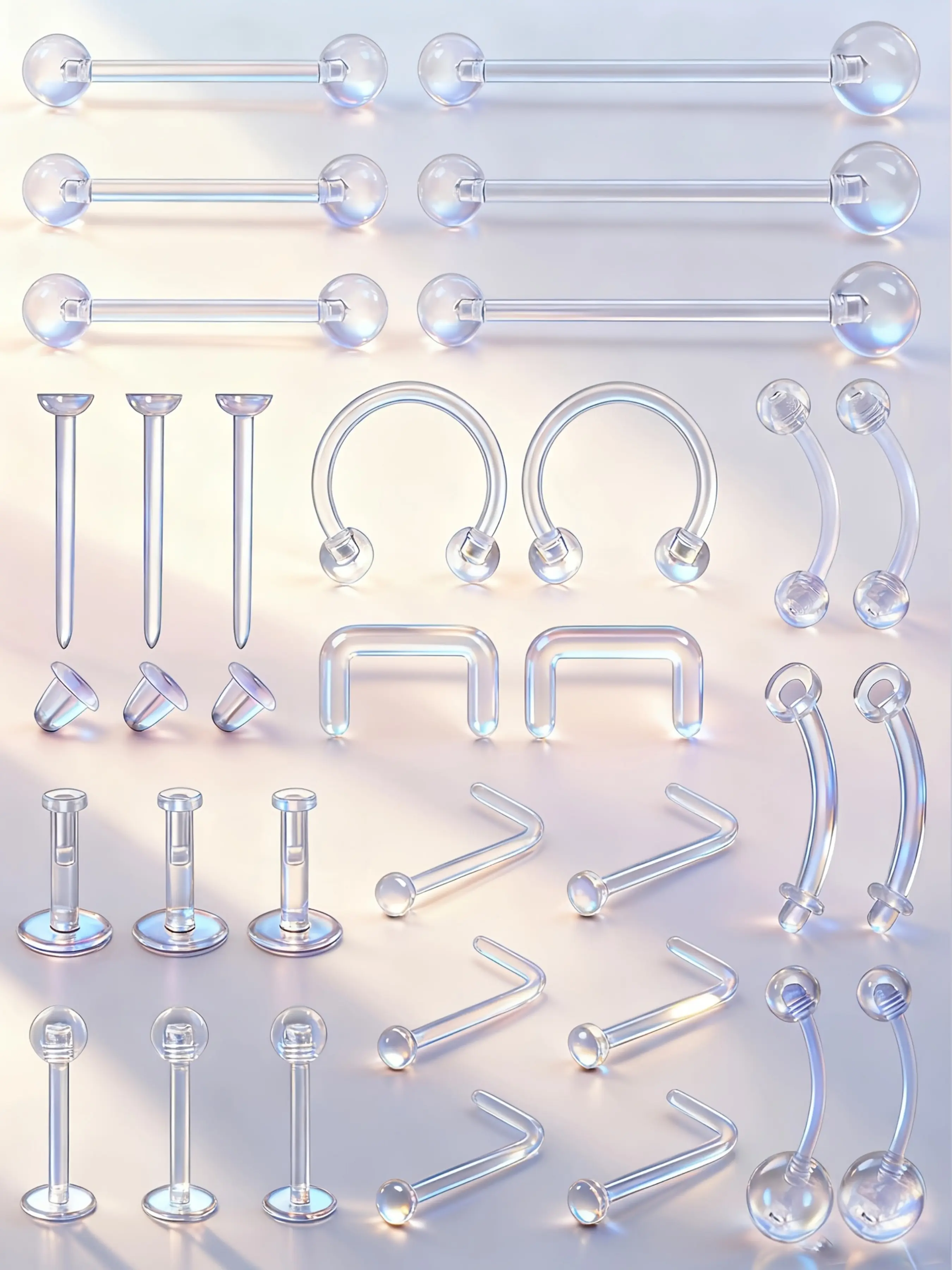 31pcs Clear Piercing Retainers, Bioflex Nose Rings, Belly Rings, Septum, Eyebrow, Lip, Cartilage, Tragus, Earring Retainers, Nose Piercings Kit, Body Piercing Jewelry, Piercing Party Pack