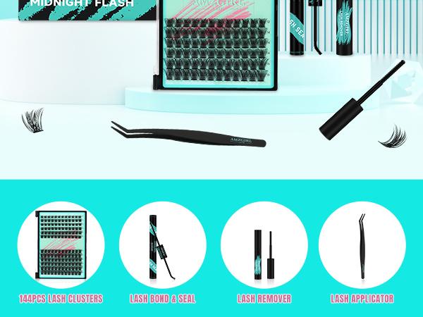 AMZGIRL LASH DIY Lash Extensions Kit 144pcs Midnight Waterproof Eyelashes Makeup Cosmetic Set with Bond Seal Remover Applicator