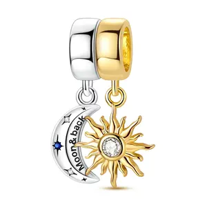 MULA Sun and Moon Pendant Set (2 pieces) – 925 Silver-plated “Running to the Moon” Crescent Pendant and 14K Gold Plated Sparkling Sun Pendant, compatible with Pandora bracelets and necklaces, a perfect gift for women.