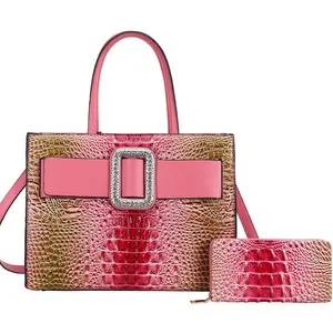 Luxury Crocodile Embossed Tote Bag for Women, PU Leather Structured Handbag with Buckle Detail & Top Handles