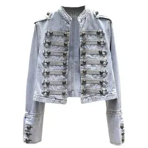 Retro Military Style Handsome Stand Collar Denim Jackets Female Double-breasted Wild Slim Short Denim Jackets Women Outerwear Tops Casual