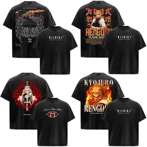 Kyojuro Rengoku Demon Slayer: Kimetsu No Yaiba Anime Manga Acid Washed 230GSM Heavyweight Cotton T Shirt Collection - Size S to 3XL - Unisex Vintage Streetwear Oversized Crewneck Merch - Gift for Anime Fans