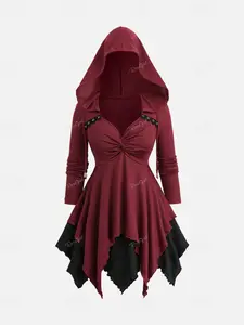 Rgothic Plus Size women's clothes Twist Lace Trim Drawstring Hooded Layered Handkerchief Long Sleeve Top for Women Casual Daily Wear