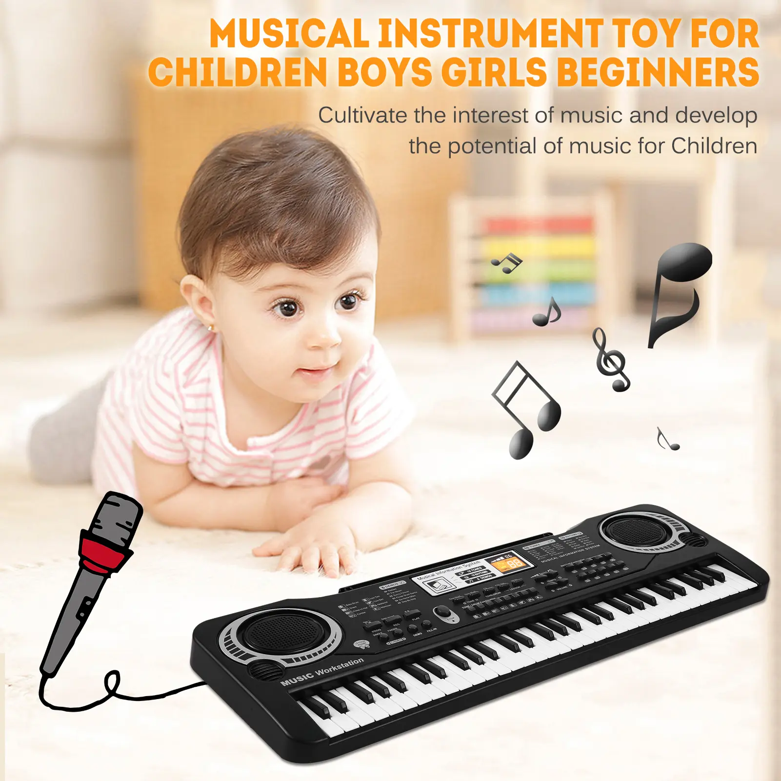 Kids' 61-Key USB & Battery-Powered Electronic Organ with Microphone, 16 Tones, 10 Rhythms, 6 Demo Songs, 2 Stereo Speakers, Tempo Control Drills, Drum Mode Practice, Multifunction Music Learning Toy for Children's Intelligence Development