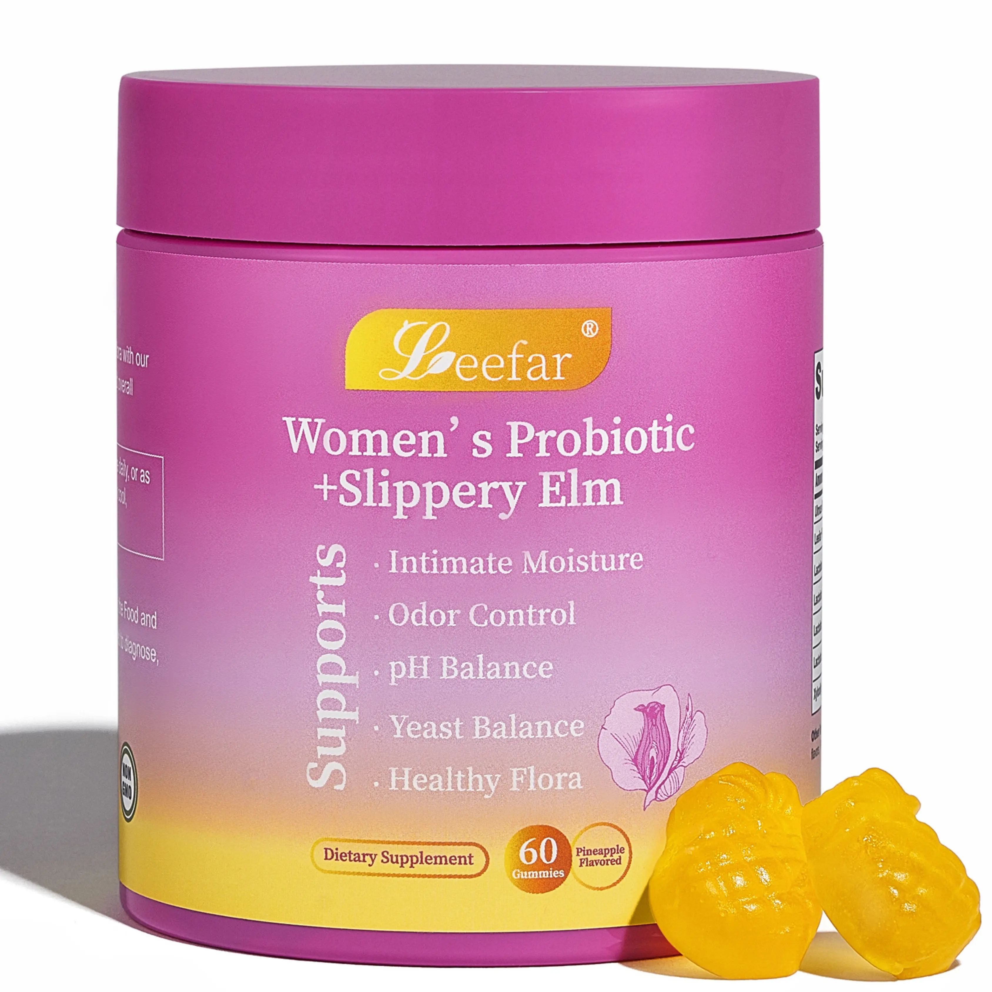 LEEFAR Her Juicy Feminine Probiotics Gummies- All in One Solution with Slippery Elm and Prebiotics&Lactobacillus Probiotic Blend for Women's pH Balance and Dryness - Hawaiian Pineapple Gummies 60 Counts