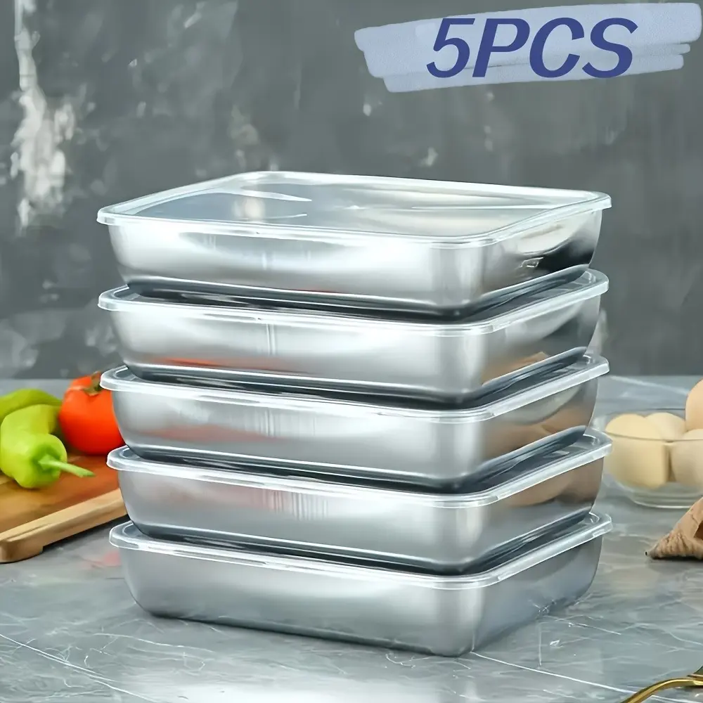 5pcs 304 Stainless Steel Food Storage Containers - Kitchen Gadgets Airtight Square Meal Prep Set, Stacks Neatly, Solid Metal, Microwave & Freezer Safe, Ideal For Salad, Fruit, Airtight Food Storage