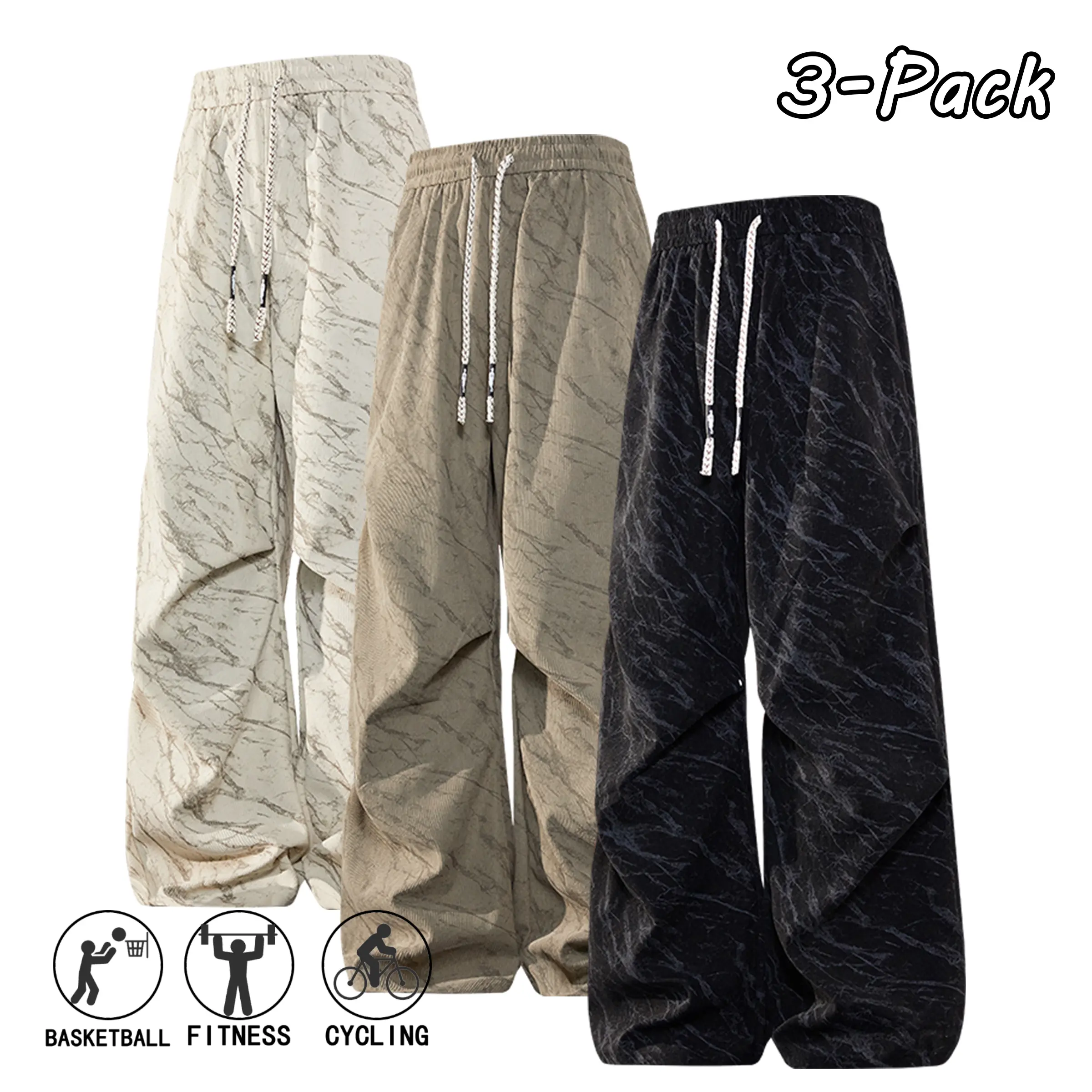 Men's Marble Print Loose Drawstring Straight‑Leg Pants, Spring Autumn Casual Versatile Trousers for Streetwear & Outdoor Sports