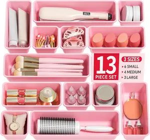 13 Pack Plastic Drawer Organizers Set, 3 Sizes Desk Drawer Organizer Trays for Vanity and Makeup Organizer, Organization and Storage for Makeup, Kitchen Utensils, Bathroom and Office(Pink)