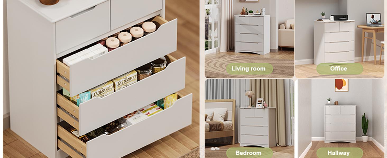 Gizoon 5 Drawers Chest, White Dresser for Bedroom with Large Storage Capacity, Chest of Drawers with Embedded Handle, Anti-Tripping Device for Hallway, Office, Living Room