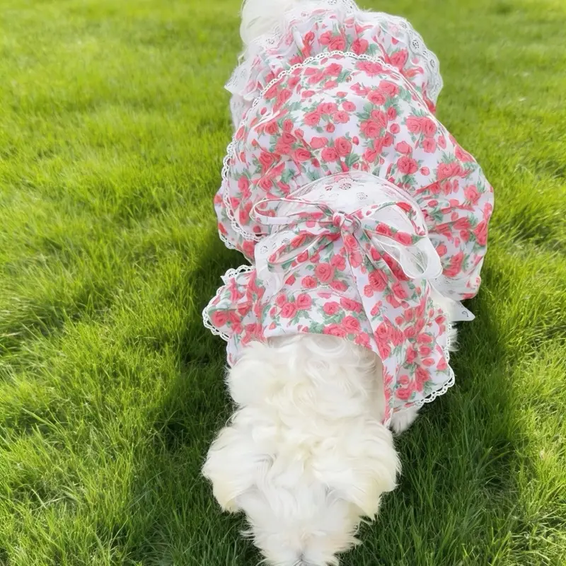 Vintage Floral Dog Dress, Pink Rose Puppy Sundress with Lace