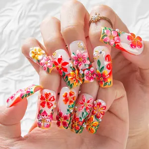 Lovful NEW DROP Collection Handmade Acrylic Press On Nails 10PCS Reusable Salon Quality 3D Flower Rhinestones for Flawless Long Lasting Look Manicure