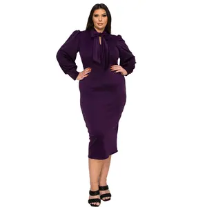 Plus Size L I V D Anastasia Tie Neck Dress - Purple Bodycon Elegance with Tie Bow & Invisible Back Zipper - Made in USA