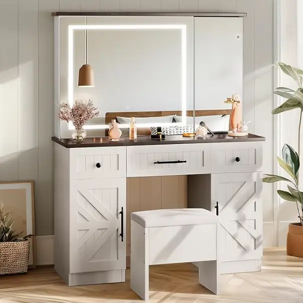 Yitahome Farmhouse Vanity Set, Makeup Desk with Large Adjustable Lighted Mirror, Hidden Storage, Drawers, Cabinets, and Adjustable Shelves, Modern Vanity Desk with Storage Stool
