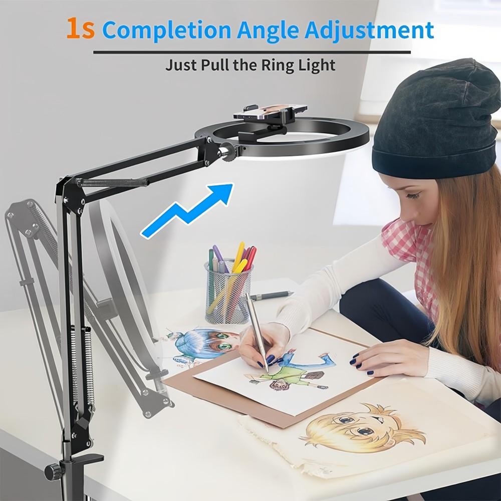 Adjustable Mechanical Arm Phone Mount with 10" Dimmable Ring Light & Remote, LED Selfie Ring Light for Desk with Phone Holder Fill Lamp, 1/4" for Camera, Universal For 4.7-7" Phone, for Selfie YouTube Tiktok Live Stream Cooking Video Recording Vlog