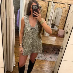 Button Down Leopard Collared Denim Romper - Denim Romper - Western Wear