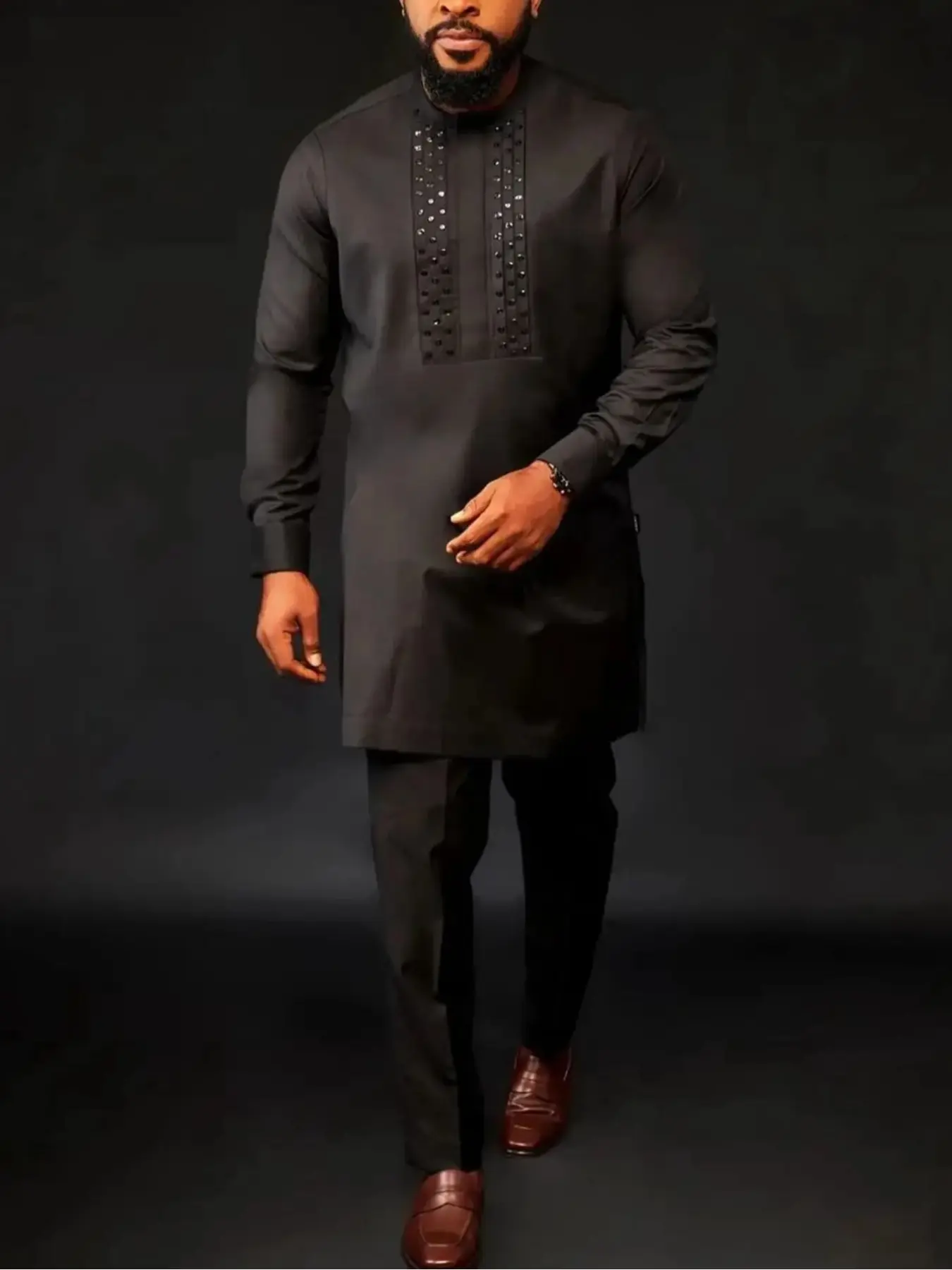 Men's African Kaftan Set, Long Sleeve Round Neck Top and Pants, Elegant Islamic Muslim Wedding Party Formal Wear, 2 Piece Suit for Men, Kurta, Outfits, Clothing