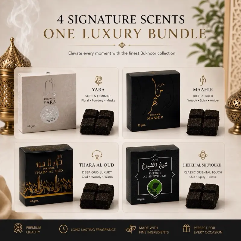 Luxury Bukhoor Incense Bundle - 4 Signature Scents (Yara-Maahir: Rich & Bold, Thara Al Oud: Deep Oud Luxury, Sheikh Al Shuyoukh), Light Coconut-Infused Warm Oriental Aroma, Lavender Freshener, Bowl & Box Included Home Fragrance