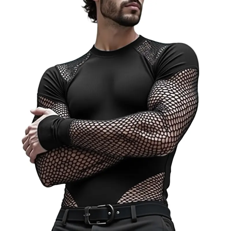INCERUN Men Round Neck Long Sleeve Mesh Patchwork Leotards Playsuits Bodysuits Summer Loungewear Jumpsuits Rompers