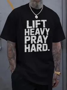 Men's Heavyweight Gym T-Shirt - LIFT HEAVY PRAY HARD Motivational Workout Shirt - Fitness & Faith Balance Tee - Machine Washable Black Crewneck for Weightlifting, Prayer, Everyday Casual Wear - Men's Athletic Apparel, Gym Clothes, Comfortable Fit, Weightl