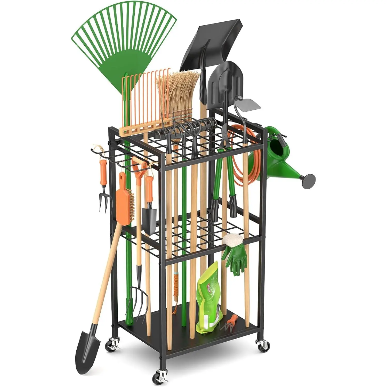 Garden Tool Organizer With Wheels, Yard Tool Tower Rack for Garage Organization and Storage, Up to 35 Long-Handled Tools/Rakes/Brooms, Heavy Duty Steel Garden Tool Stand for Shed, Outdoor, Black deskmakeover