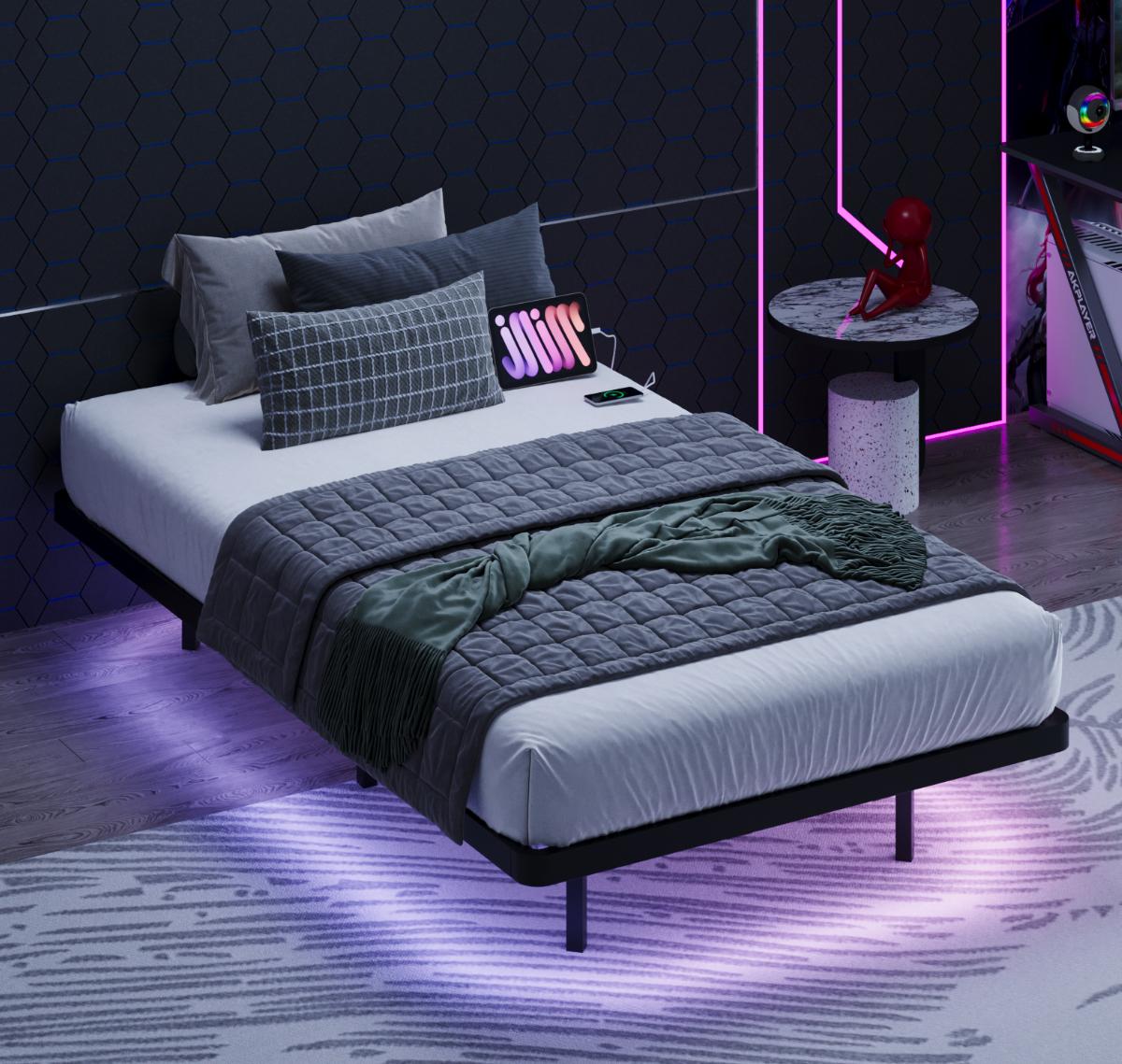 MUTICOR Floating LED Iron Bed Frame with Metal Slats【No Mattress】Headboard Outlets and Multi-Color Lighting, No Box Spring Needed, Twin/Full/Queen/King
