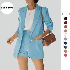 Imily Bela Women's 2 Piece Open Front Long Sleeve Blazer and Solid Short Pants Suit Sets