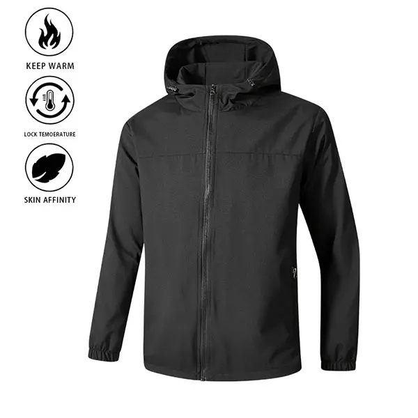 Men’s solid-color windproof hooded jacket with drawstring and zipper; casual long-sleeve jacket with zippered pockets; four-season men’s outerwear; casual-style jacket; men’s mountaineering sports jacket