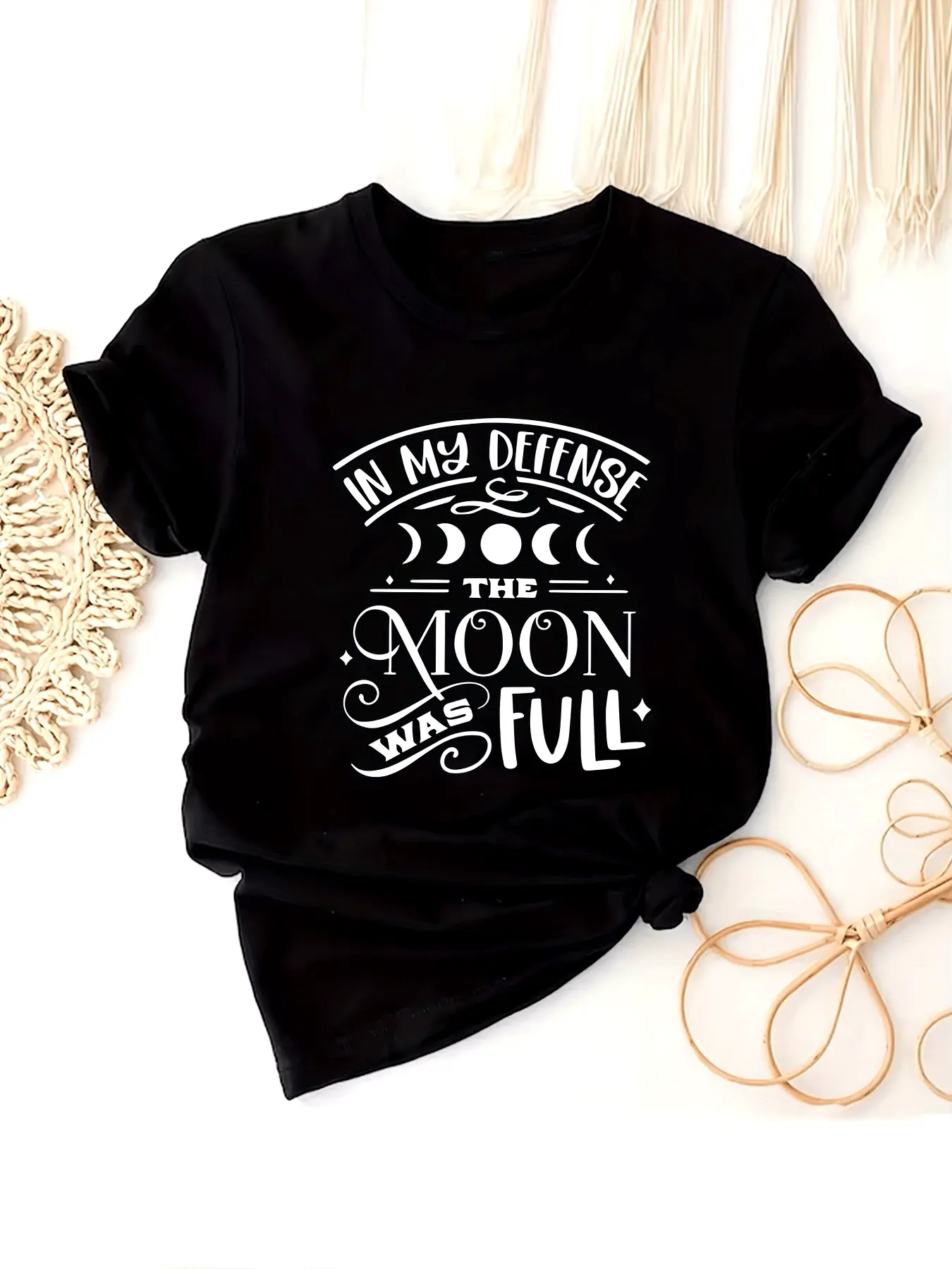 Plus Size Casual T-shirt, Women's Plus Moon & Slogan Print Short Sleeve Round Neck Slight Stretch T-shirt