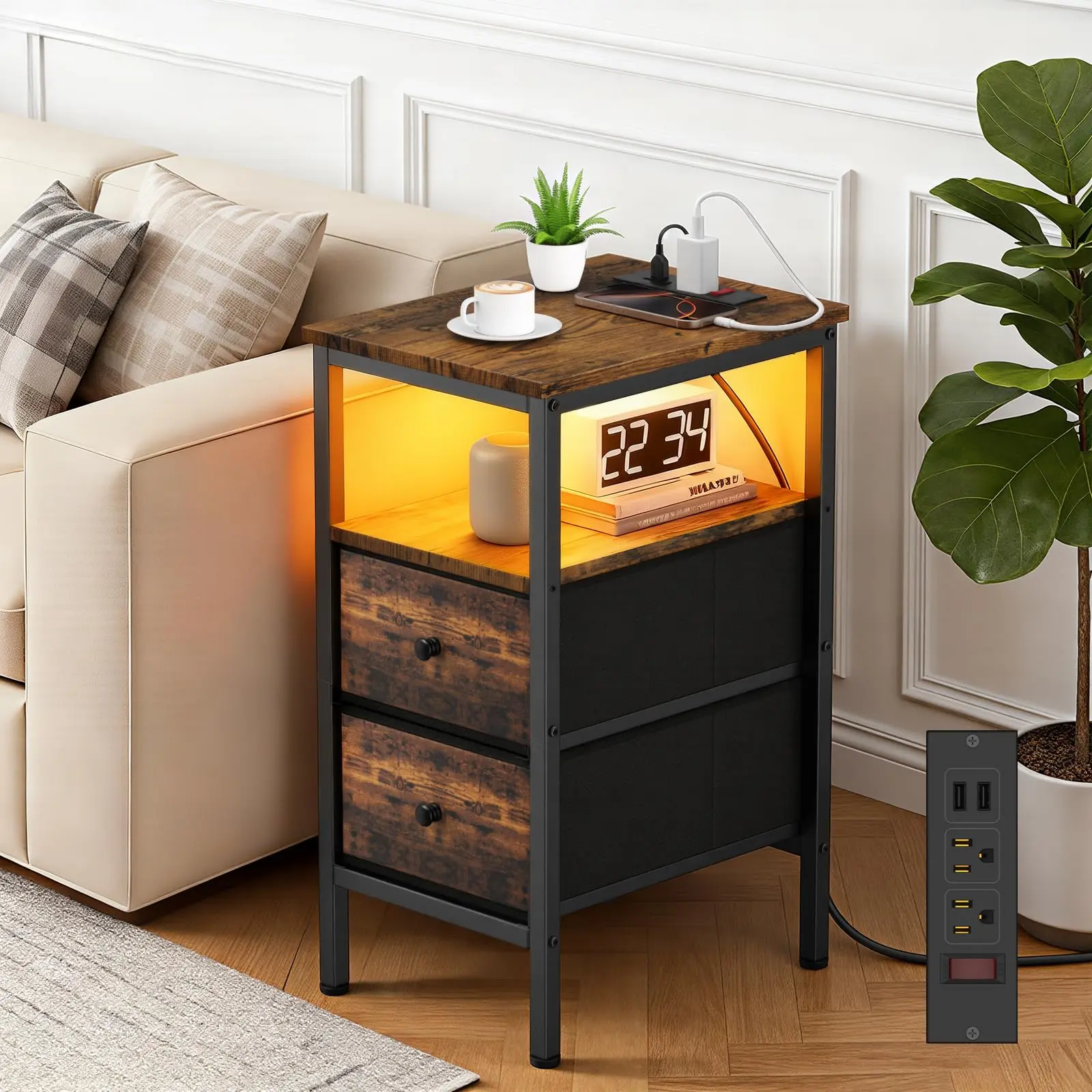MOKO Rectangular Narrow End Table - LED Narrow Nightstand with Charging Station, 2 Fabric Drawers, USB + Sockets, Foyer/Hallway Accent Table for Small Spaces, Bedside, Sofas