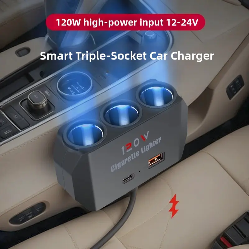 AXVIV 5-in-1 Car Cigarette Lighter Splitter 120W - Triple 60W per Socket Charger Adapter, Type-C PD & Quick Charge 5V/3.1A USB Ports, 10A Fuse Protected Hub for Cars, All Vehicles, Dash Cam, GPS (12V/24V Vehicle Accessories), Universal