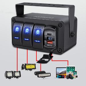 Nilight 3 Gang Rocker Switch Panel Blue Backlit with PD Type C and USB Charger Voltmeter Waterproof 12V 24V DC Rocker Switch with Night Glow Stickers for Car Trucks Boats RVs,2 Years Warranty,Blue/Box Nilight 3 Gang Rocker Switch Panel Blue Backlit with PD Type C and USB Charger Voltmeter Waterproof 12V 24V DC Rocker Switch with Night Glow Stickers for Car Trucks Boats RVs,2 Years Warranty,Blue/Box