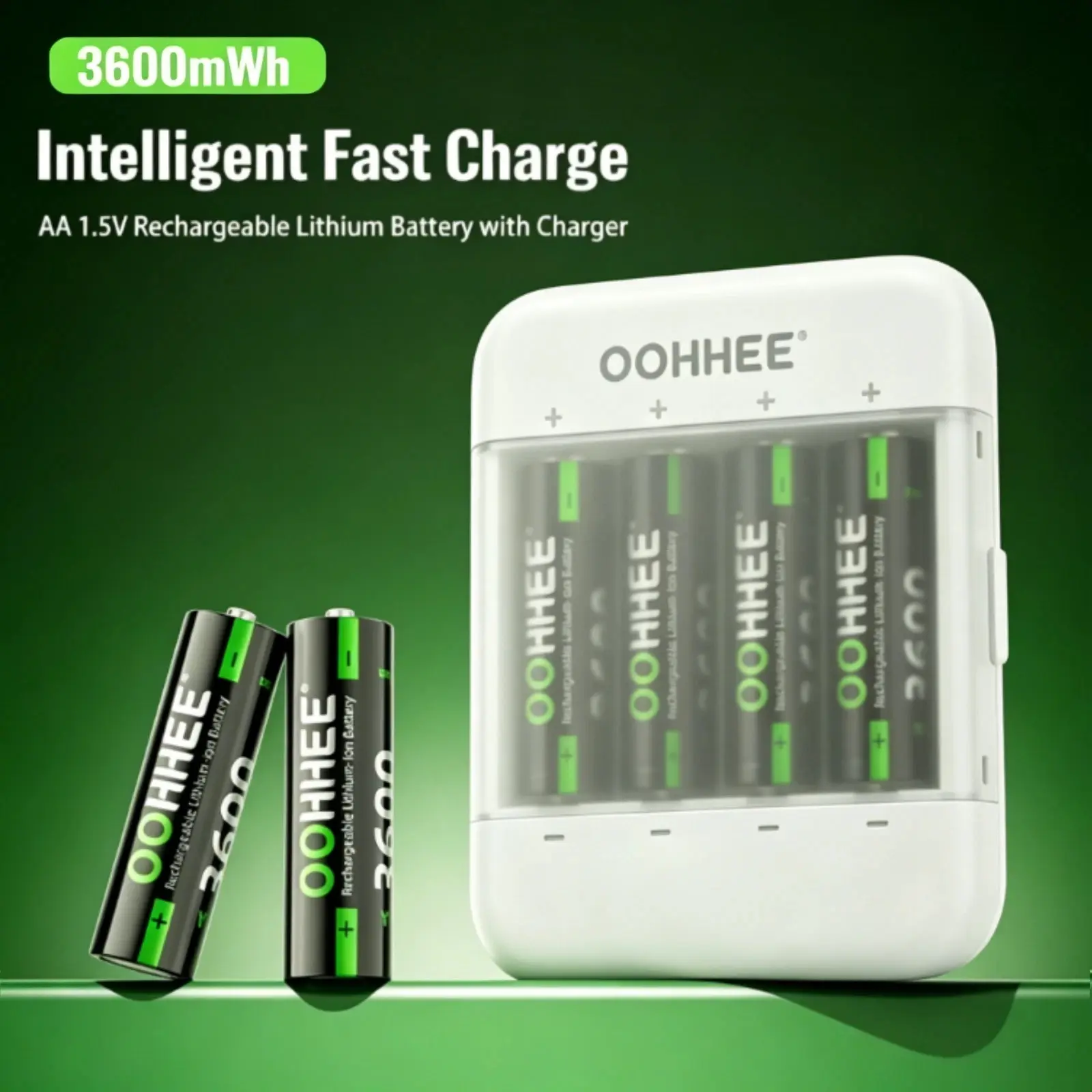 White 4x AA High Capacity Lithium Batteries, 3600mWh 1.5V Rechargeable, with 4-Slot Fast Charging Storage Box, Ideal for Gamepads/VR & High-Drain Users, High Capacity Batteries, 4-Slot Charger