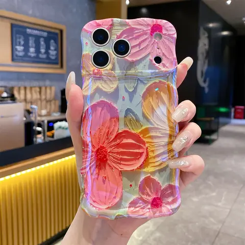 Case for iPhone 18 17 Pro Max 16 15 14 13 12, Colorful Retro Oil Painting Printed Flower Laser Glossy Pattern Cute Curly Wave Edge Exquisite Phone Cover Stylish Durable Shockproof TPU Protective Case for Girl Women