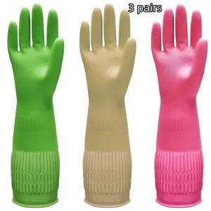 Non-Slip Thin Textured Palm Rubber Dishwashing Gloves, 3-Pair Set, 15" Long-Cuff, Flexible XL Size, 3-Color Options for Kitchen Household Cleaning Hand Protection