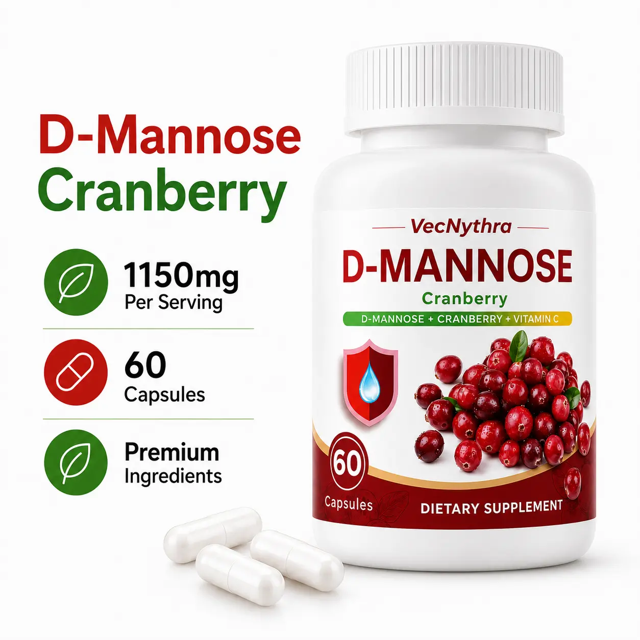 VecNythra D-Mannose Health Supplement with Cranberry Extract | Natural Dietary Supplement for Adults | Supports Bladder Health & Urinary Tract Health | 60 Vegan Capsules