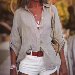 2024 European and American New Women's Cotton Linen Solid Color Loose Fit Three-Quarter Sleeve Shirt