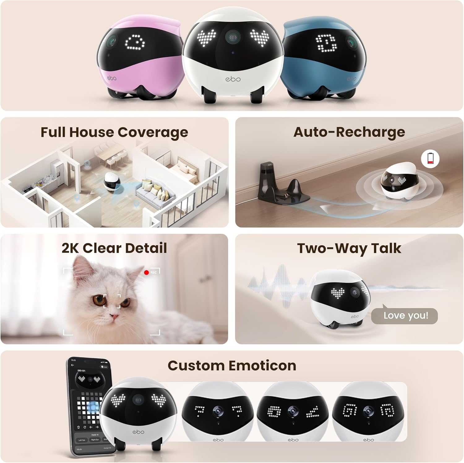 Enabot EBO Air 2 Indoor Security Camera Robot 2K Pet Camera Movable Home Robot with Custom Emoticon Auto-Recharge 2-Way Talk Night Vision 32GB Memory Card Robin Pink - Monitoring
