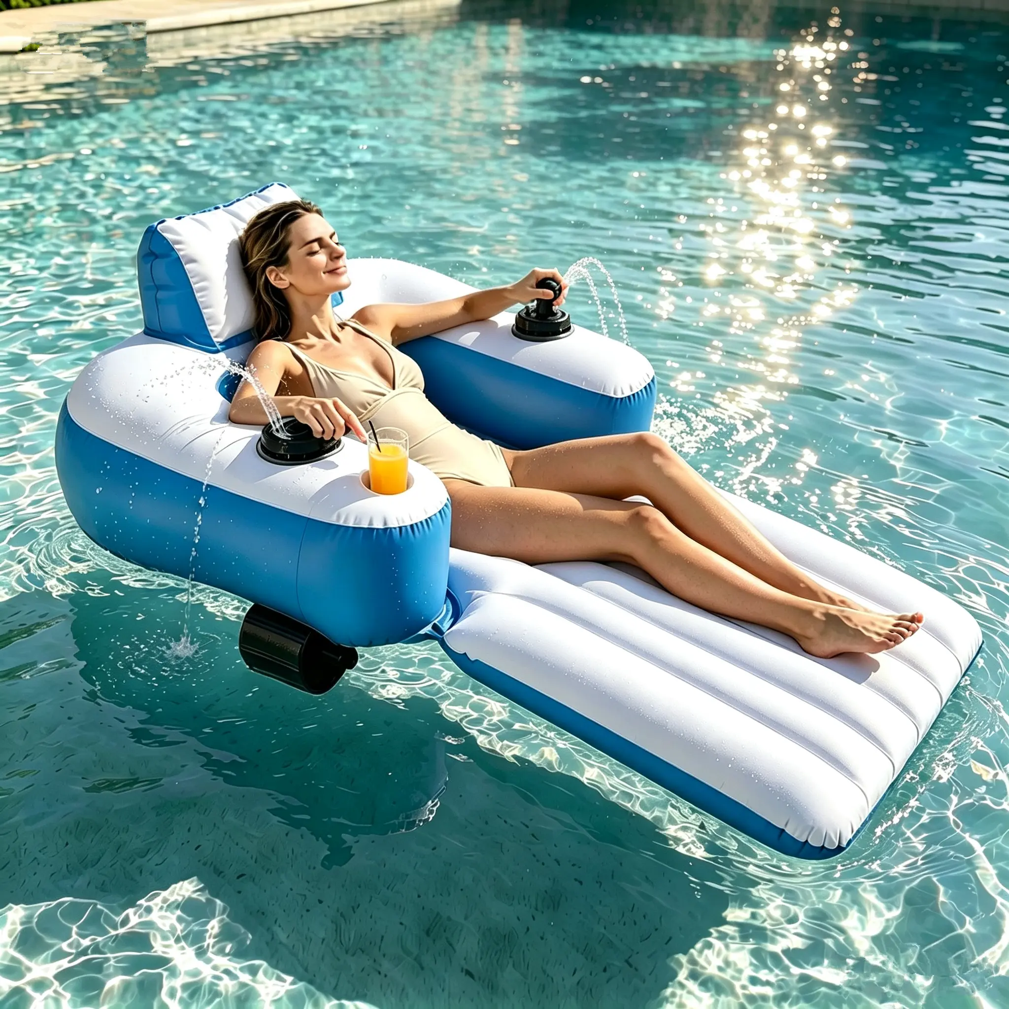 Motorized Inflatable Water Lounge Chair - Waterproof PVC Pool Party Essential with Water-Spray Function, 2 Underwater Thrusters, Thruster Drive, 360° Steering Electric Float for Lake Sports