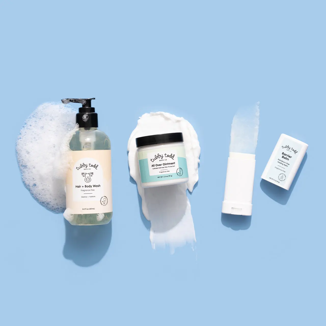 Barrier Bundle - Baby and kids care routine for sensitive skin to repair and protect skin's moisture barrier with three products: All Over Ointment Eczema Treatment, Hair + Body Wash, and Barrier Balm stick. Moisturize, hydrate, soothe, and cleanse