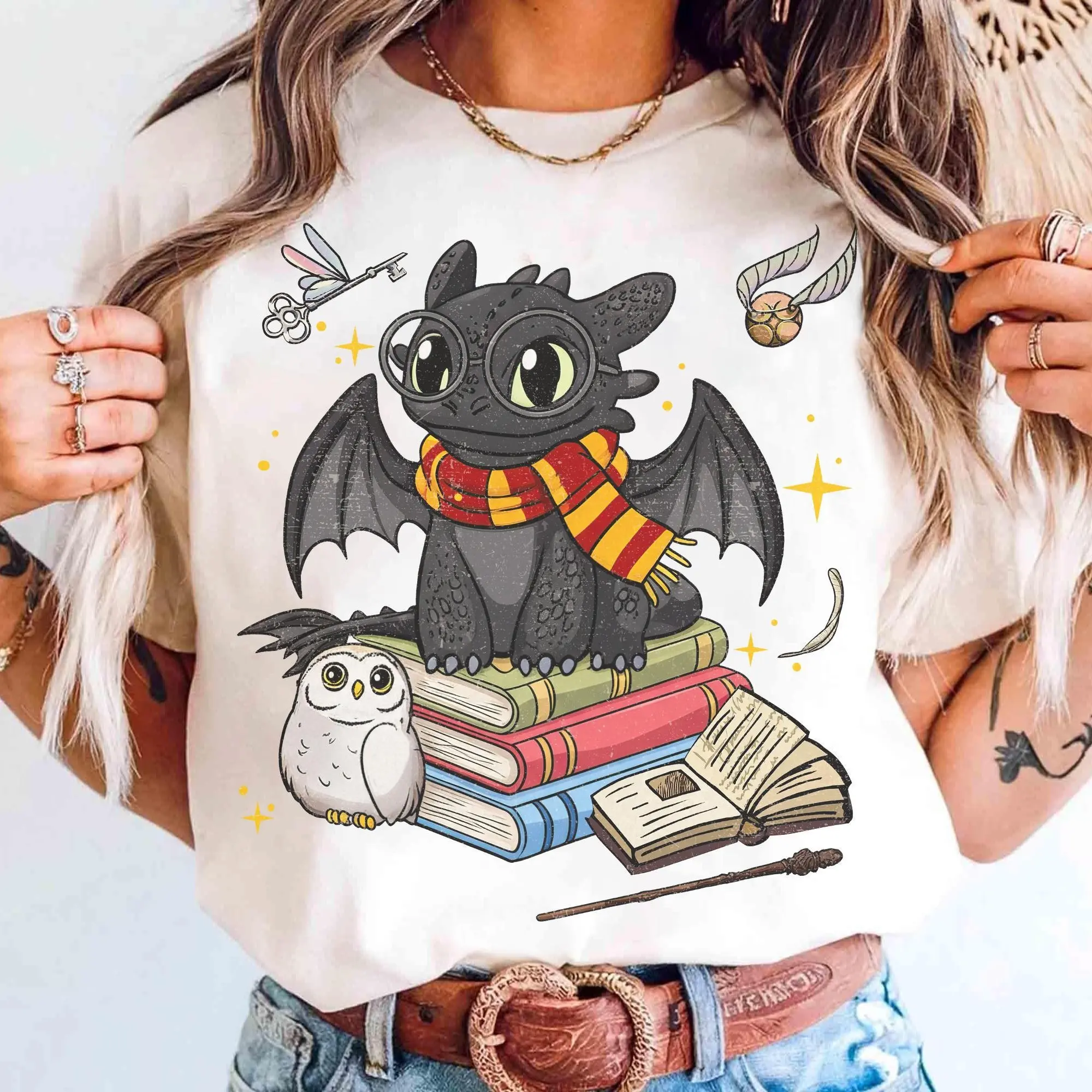 Cotton Toothless Vintage Graphic T-Shirt, Epic Universe Night Fury Dragon Tee, Gryffindor Wizard Costume Halloween Casual Shirt, Fantasy Movie Lover Gift For Men Women