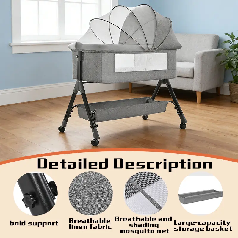 Bedside Bassinet Sleeper - Bedside Cribs with All-Mesh Design, Portable Build, Washable Mattress, 5 Adjustable Heights for Infants