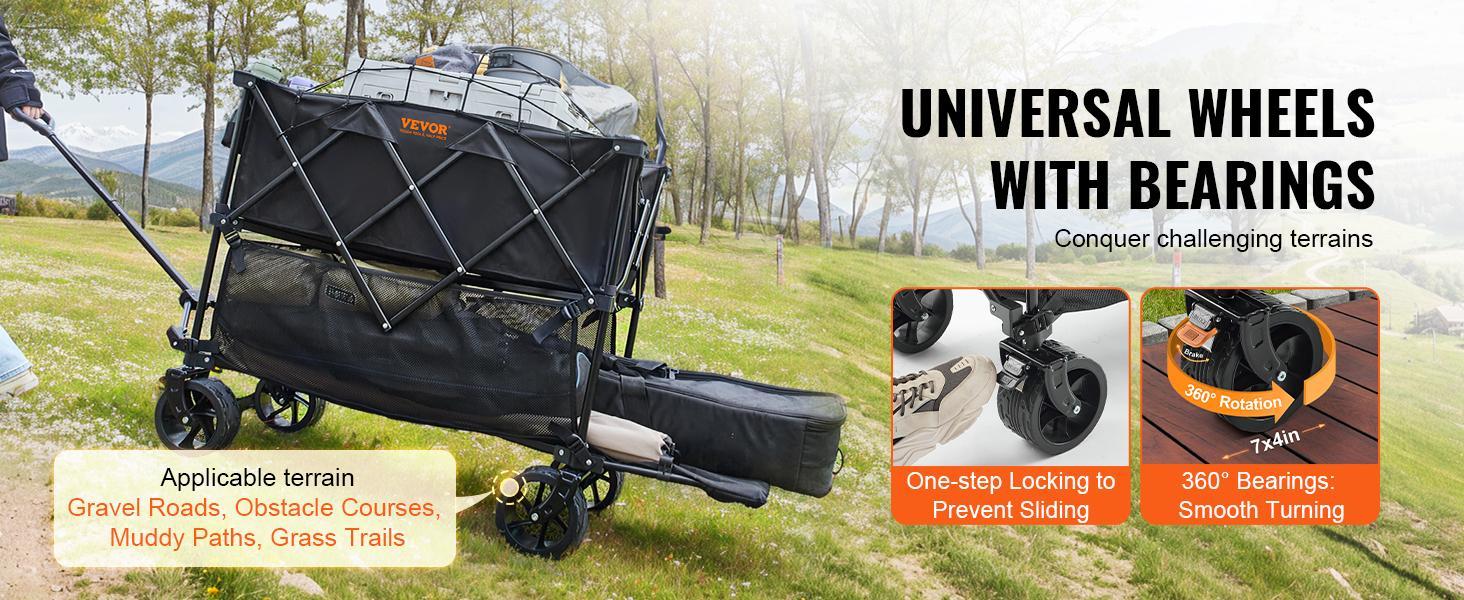 【FathersDayGift】VEVOR Foldable Double Decker Wagon, Collapsible Wagon Cart with All-Terrain Wheels, Heavy Duty Folding Wagon Cart  for Camping, Shopping, Garden, 52" Extra Long Extender
