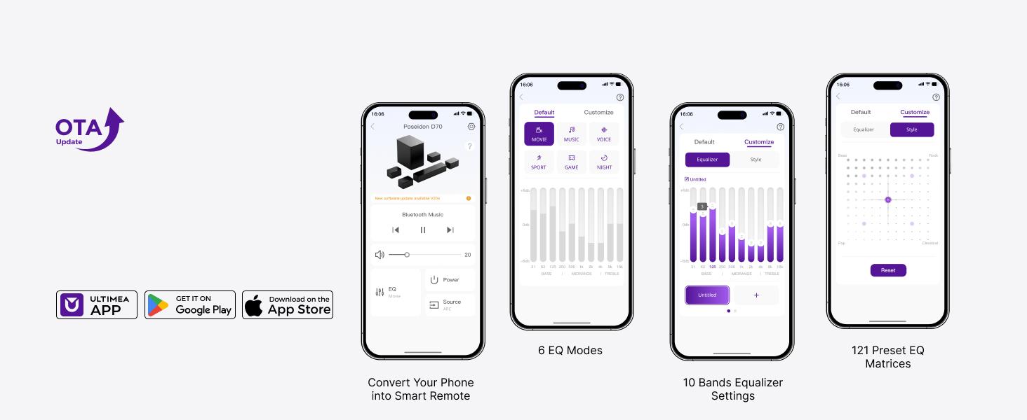 ULTIMEA Poseidon D70 7.1ch Soundbar with Wireless 6.5" Subwoofer, Surround Sound System for TV, App Control, 410W Peak Power, Soundbar for TV, Movie, Music, 4 Wired Surround Speakers, Bassx, Home Theater Sound System, Bluetooth, HDMI, AUX, APP Control
