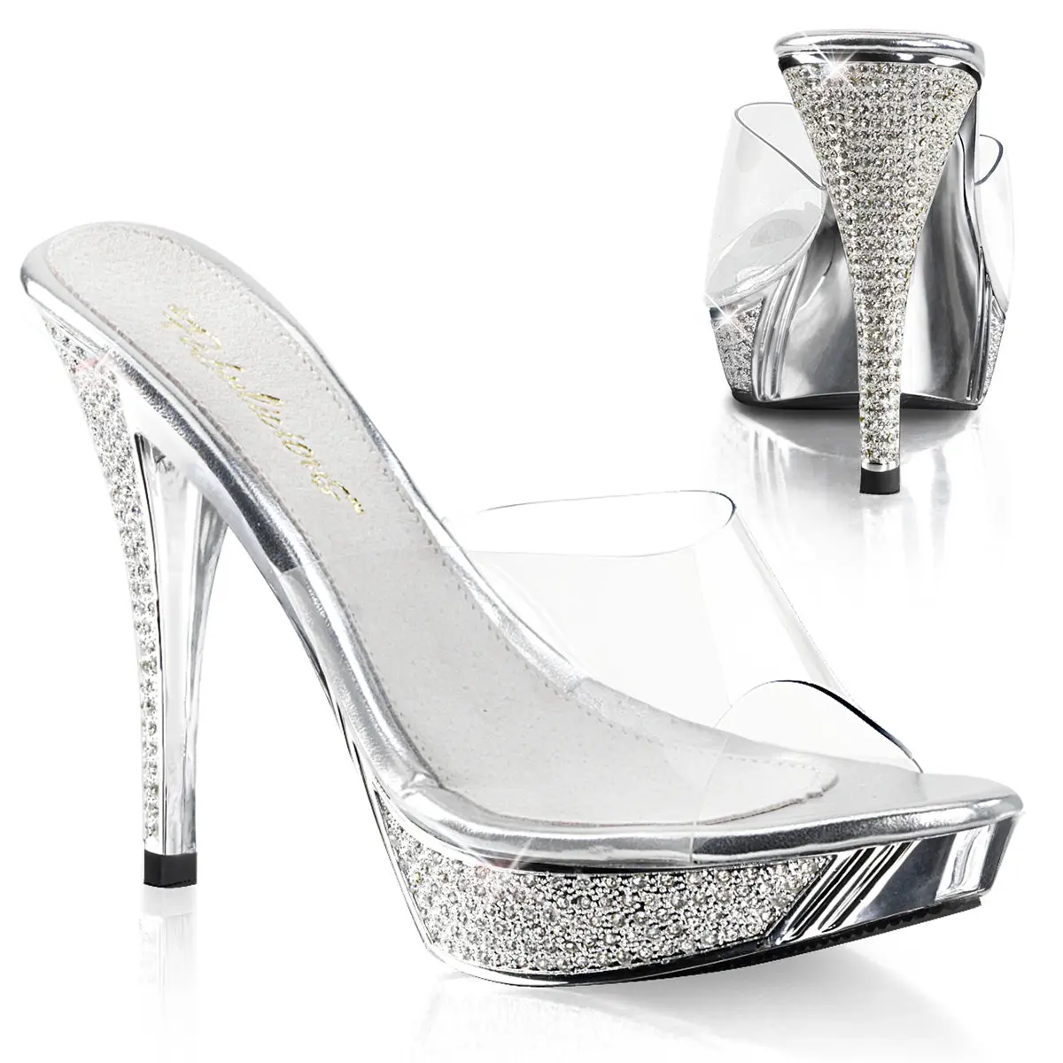 Women's Elegant Slip On Platform Slides with Rhinestone Embellished 4.5" High Heel, Party & Wedding Footwear