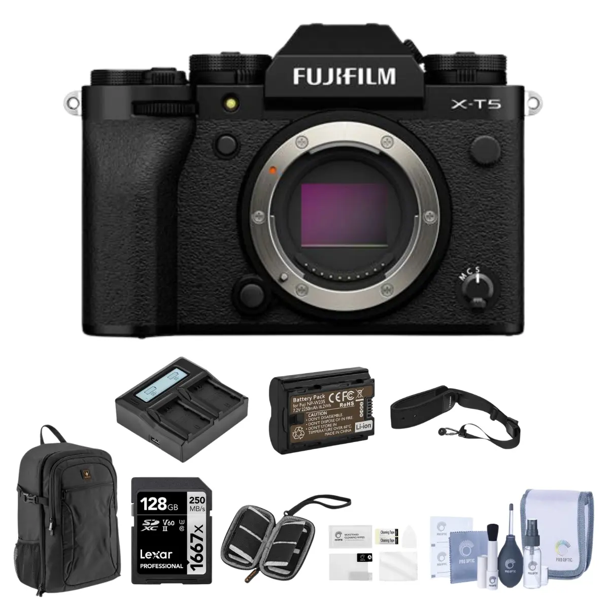 Fujifilm X-T5 APS-C Sensor Compact Mirrorless Digital Camera (Black) Bundle with 128GB Memory SD Card, Backpack, 2x Batteries, Charger, Screen Protector, Camera Strap, Storage Case, Cleaning Kit, SD Card Slot