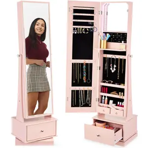 Best Choice Products 360 Swivel Standing Mirrored Jewelry Cabinet, LED-Lit Makeup Organizer w/ Mirror
