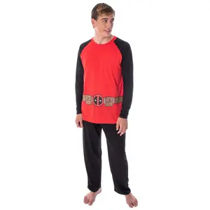 Marvel Men's Deadpool Costume Raglan Long Sleeve Top And Pants 2 Piece Character Pajama Set