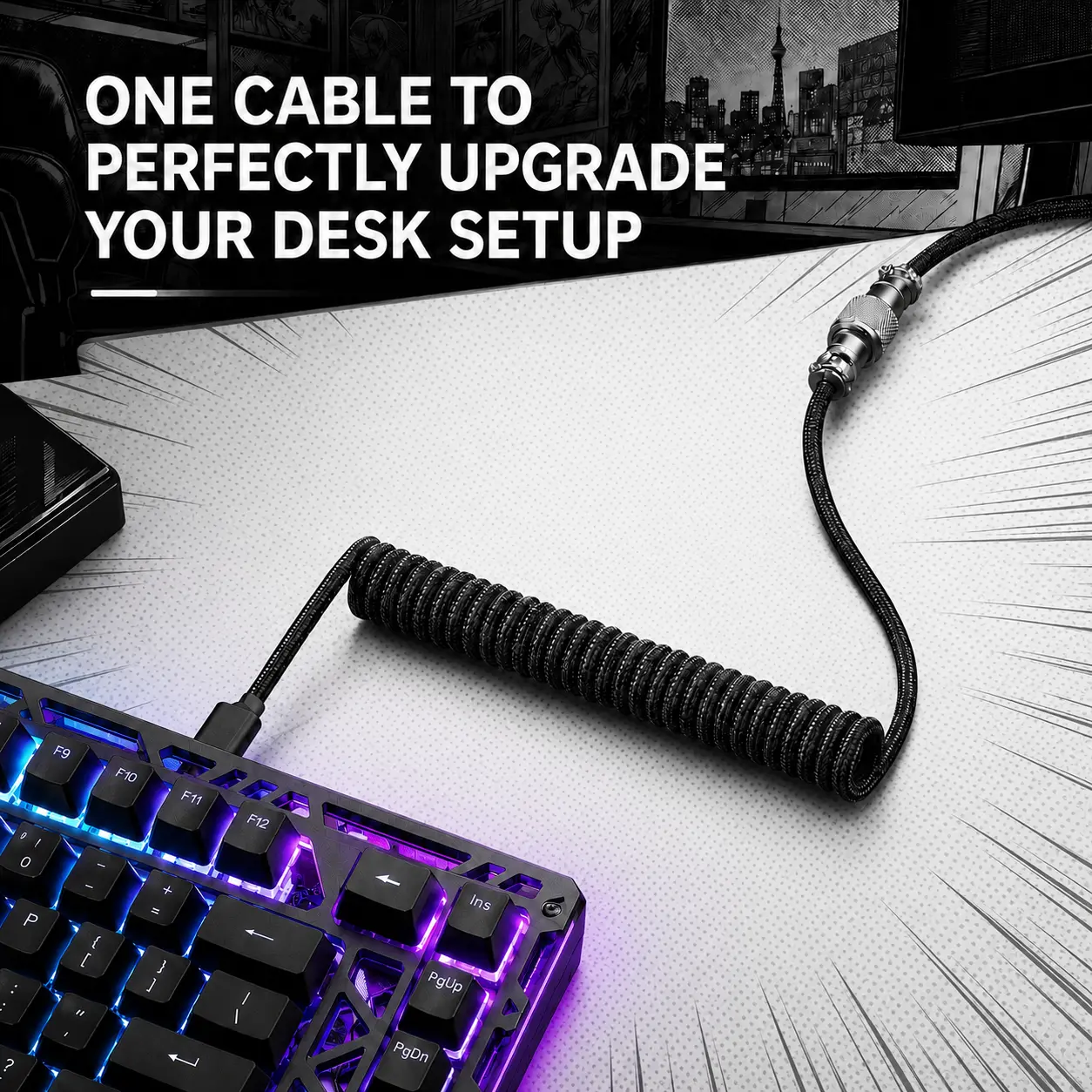 USB-C gaming cable high speed，USB-C cable for gaming keyboard Coiled Aviator Cable for Mechanical Keyboard, USB-C Detachable Braided Cable, 8K Fast Response for Gaming Desk Setup