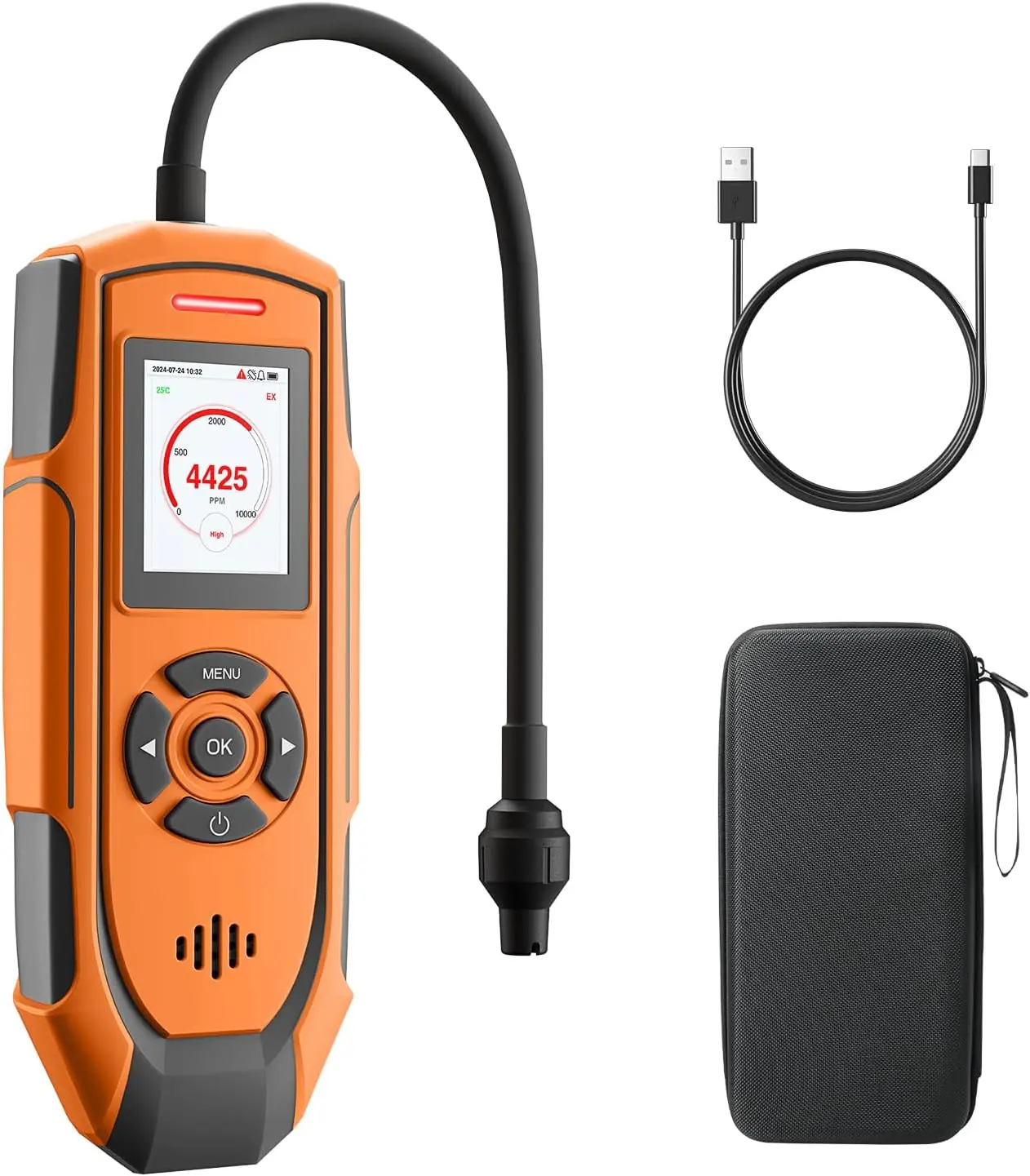 PT-990 Rechargeable Gas Leak Detector with 11 inch Probe, Detection Range 0-10000 ppm, Data Logging & 3 Types Alarm, Natural Gas Detector for Propane, Methane for Industrial & Home - Orange